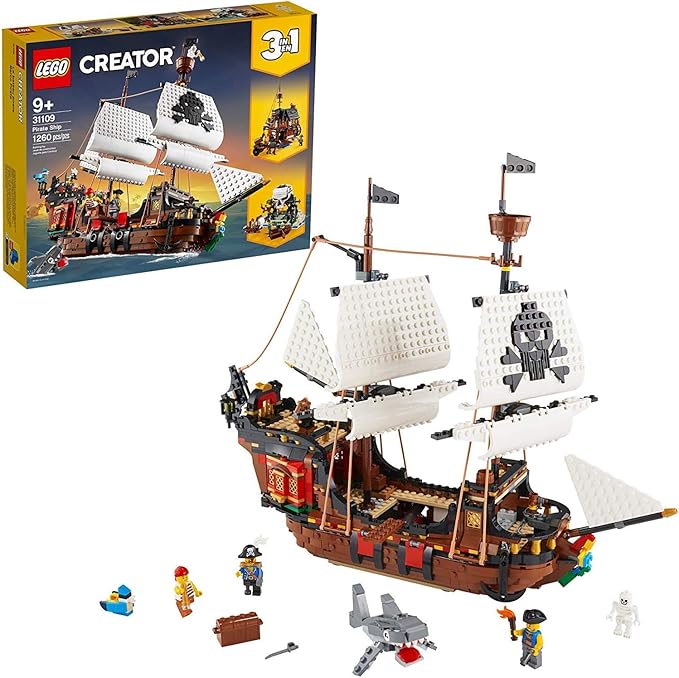 LEGO Creator 3 in 1 Pirate Ship Building Set Kids can Rebuild The Pirate Ship into an Inn or Skull Island Features 4 Minifigures and Shark Toy Makes a Great Gift for Kids Ages 9+ Years Old 31109