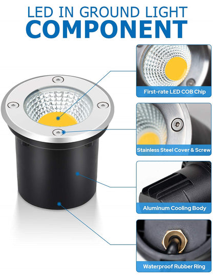 SUNVIE Low Voltage Landscape Well Lights, 12W LED, IP67 Waterproof, 10 Pack with Connectors, Warm White, Black