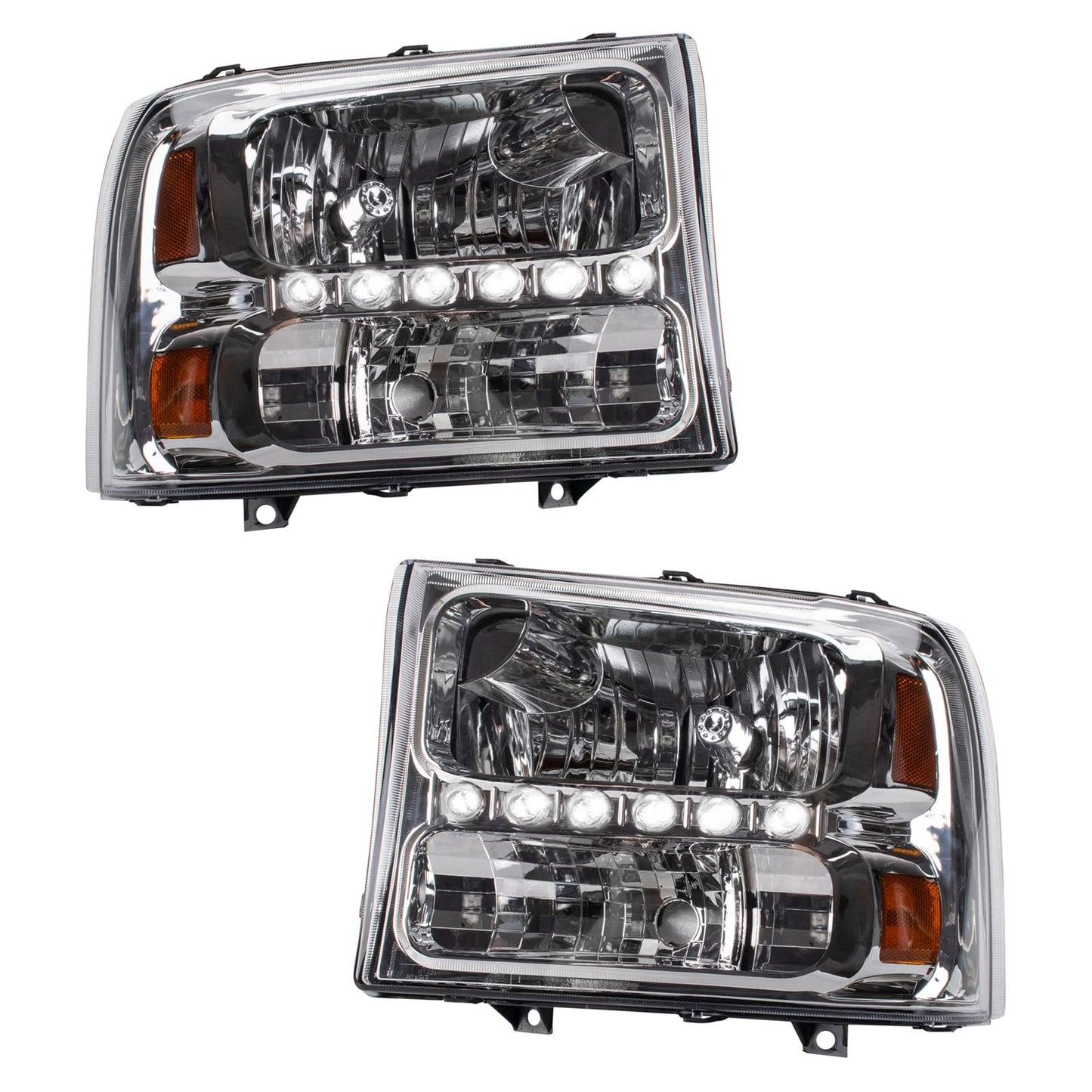 TRQ Performance Driver and Passenger Side Headlight Assembly Set Chrome Housing Clear Lens DRL Compatible with 99-04 Ford F-250 Super Duty 99-04 Ford F-350 Super Duty 00-04 Excursion
