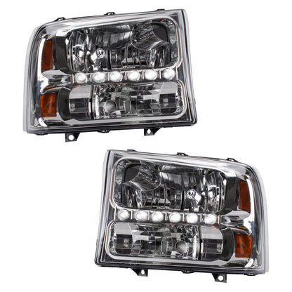 TRQ Performance Driver and Passenger Side Headlight Assembly Set Chrome Housing Clear Lens DRL Compatible with 99-04 Ford F-250 Super Duty 99-04 Ford F-350 Super Duty 00-04 Excursion