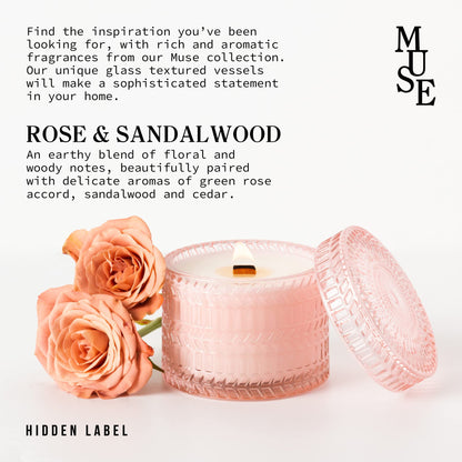 HIDDEN LABEL Sandalwood Rose Scented Candle, 7.4 oz Soy Wax Wood Wick Candle, 55Hours Clean Burn,Pink Decorative Jar Candle for Home, Bedroom, Bathroom, Gifts for Women