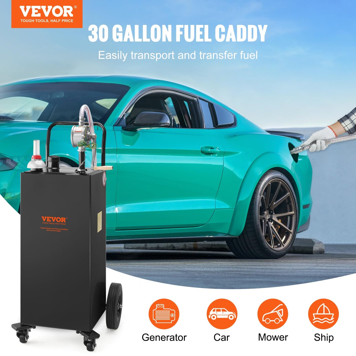 VEVOR Fuel Caddy 30 Gallon, Portable Gas Caddy Fuel Storage Tank with 4 Wheels & Manual Transfer Pump, Gasoline Diesel Fuel Container for Cars, Lawn Mowers, ATVs, Boats, Black