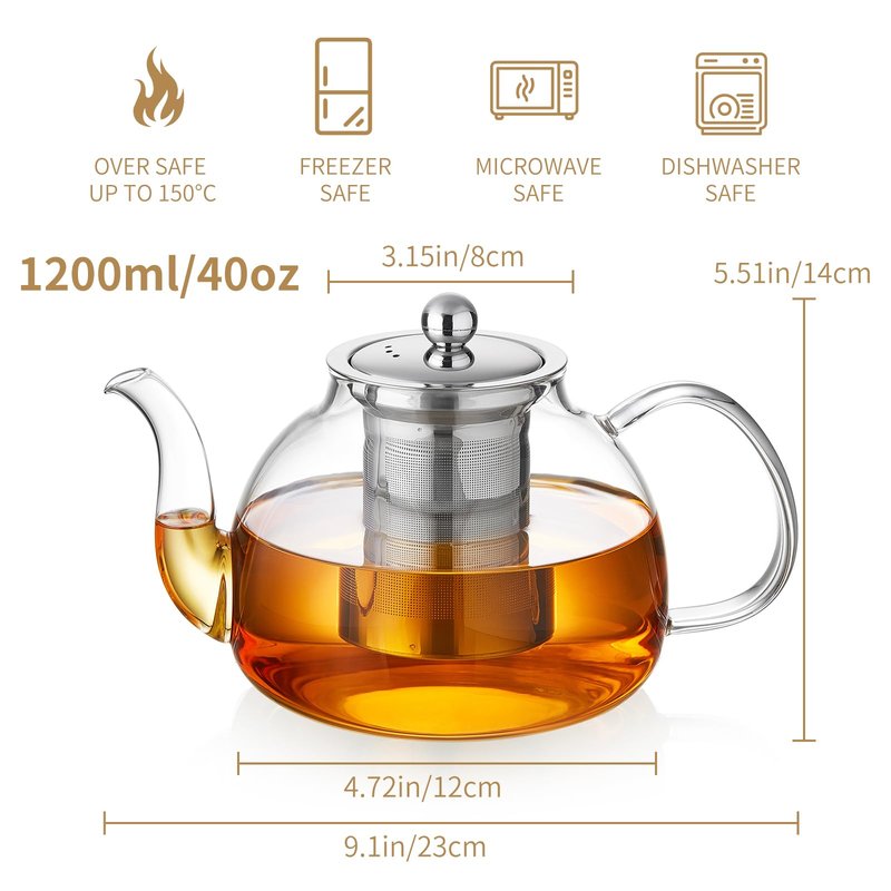 DOPUDO 40OZ (1200ML) Glass Teapot with Infuser Stovetop Safe, Clear Glass Tea Pot Kettle, Borosilicate Tea Pot with Infusers Filter for Loose Tea, Tea Kettle Dishwasher Safe