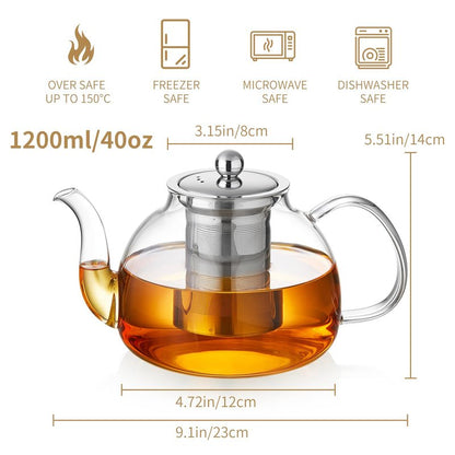 DOPUDO 40OZ (1200ML) Glass Teapot with Infuser Stovetop Safe, Clear Glass Tea Pot Kettle, Borosilicate Tea Pot with Infusers Filter for Loose Tea, Tea Kettle Dishwasher Safe