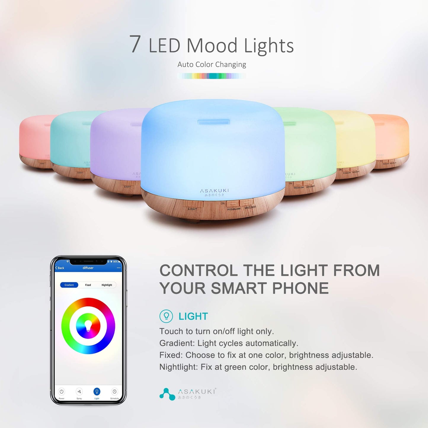 ASAKUKI Essential Oil Diffuser 500ml, Ultrasonic Aromatherapy Humidifier with Remote Control, 7 LED Colors, Timer & Auto-Off, Large Room Diffuser