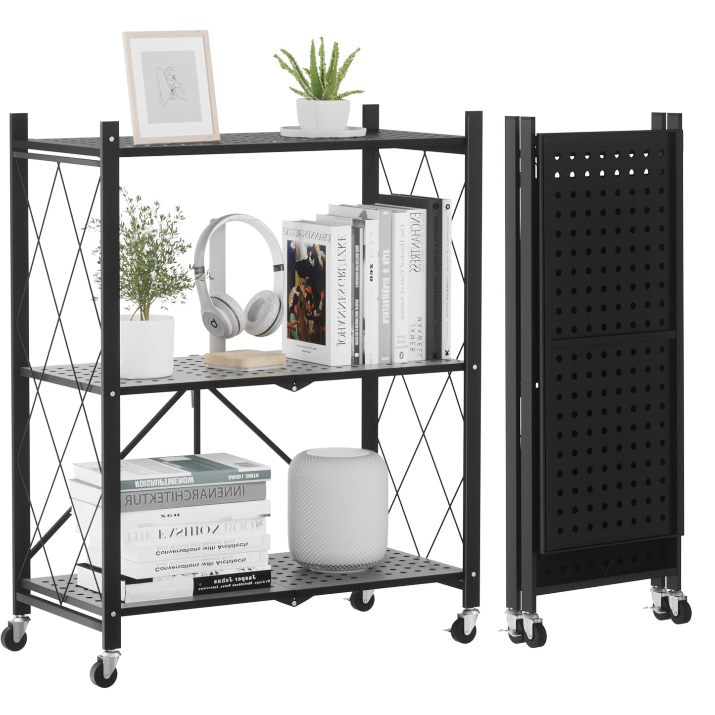 ALANNG 3 Tier Folding Storage Shelves with Wheels, 2 Pack (Black + White)