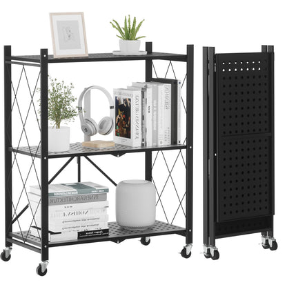ALANNG 3 Tier Folding Storage Shelves with Wheels, 2 Pack (Black + White)