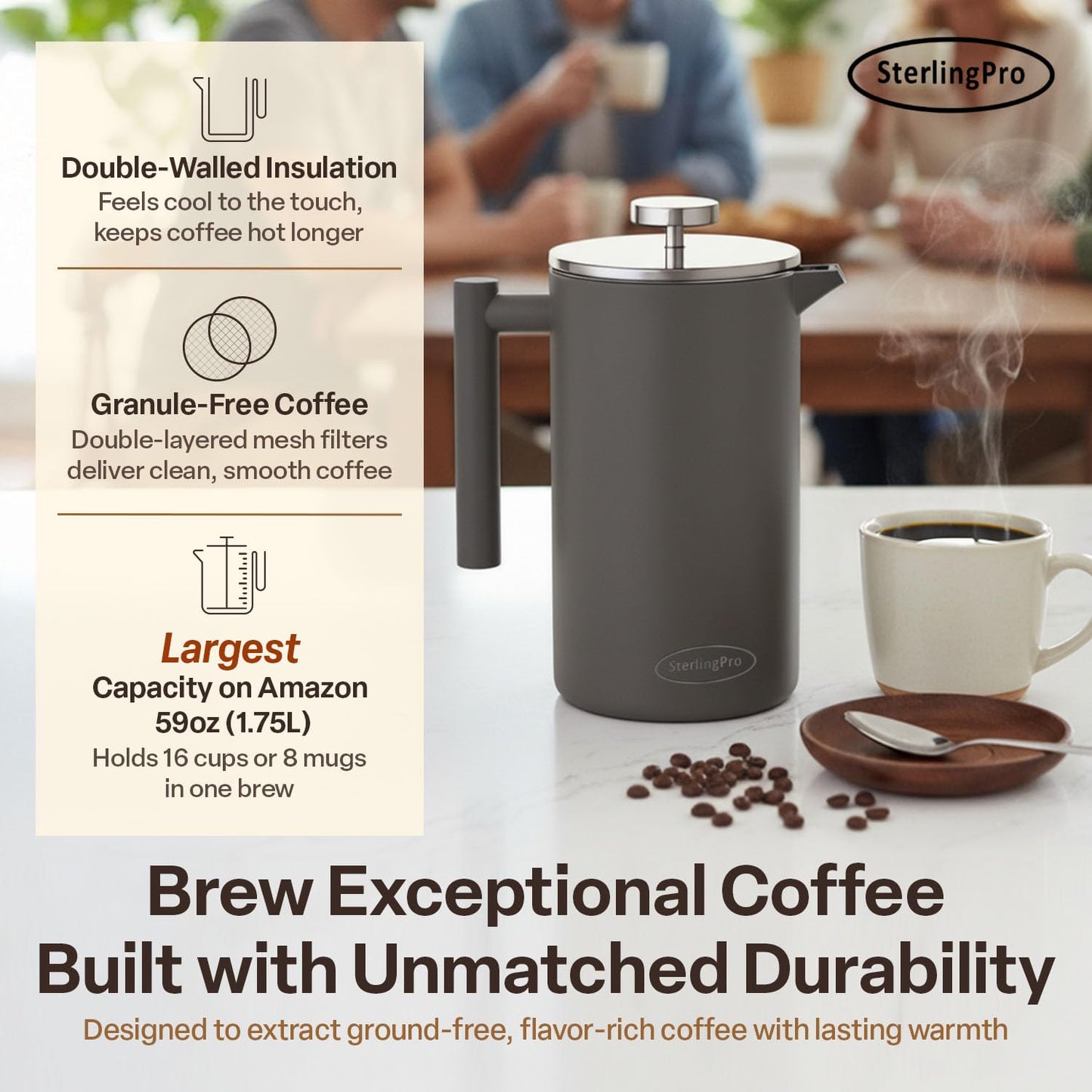 SterlingPro Stainless Steel French Press Coffee Maker 1.75 L (59 oz) Grey – Double Walled Insulated Extra Large French Press, Durable Design Keeps Drinks Hot, Easy to Use and Clean for Rich Flavor