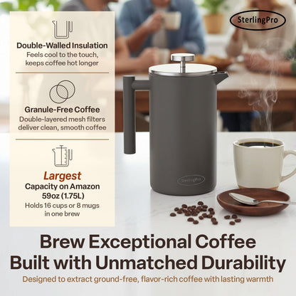 SterlingPro Stainless Steel French Press Coffee Maker 1.75 L (59 oz) Grey – Double Walled Insulated Extra Large French Press, Durable Design Keeps Drinks Hot, Easy to Use and Clean for Rich Flavor