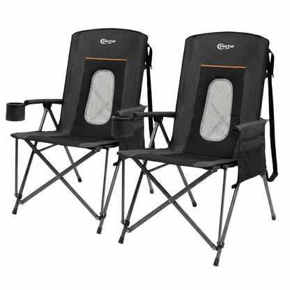 Portal Oversized Folding Camping Chair High Back Portable Lawn Chairs for Adults Outdoor Sports with Hard Armrest Cup Holder，Supports 400LBS, 2P Black