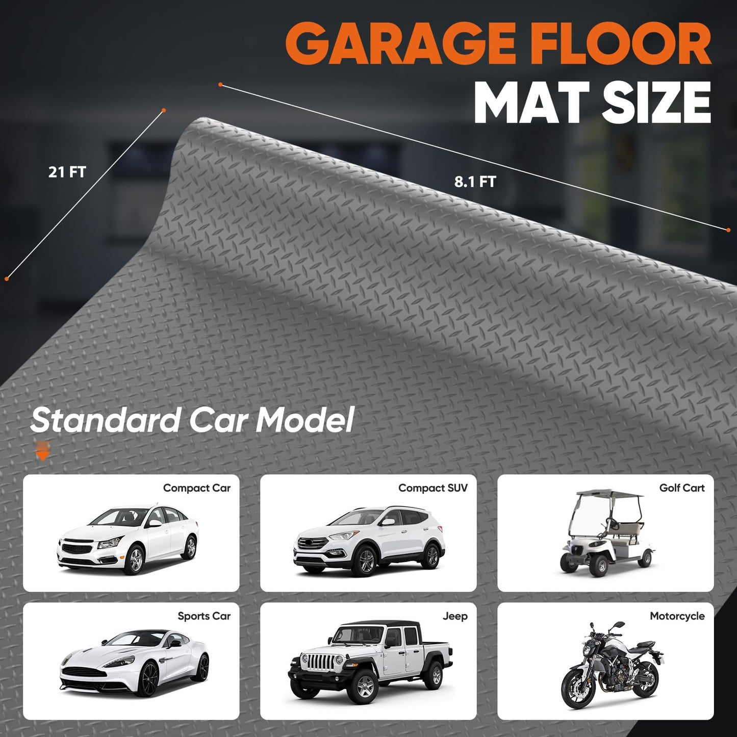 FAHKNS 8.1x21 FT Garage Floor Mat, Diamond Plate PVC Flooring Roll 2.8mm Thickened Garage Mats for Under Car, 170 SQFT Heavy Duty Non-Slip Rubber Floor Parking Mat for Trailer SUV Basement Gym (Grey)