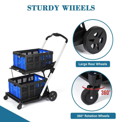 Collapsible Shopping Cart on Wheels, Folding Shopping Cart with 360° Swivel Wheels, Multi Use Utility Cart Adjustable Portable Trolley with 2 Storage Crate, Used for Picnic, Supermarket, Blue
