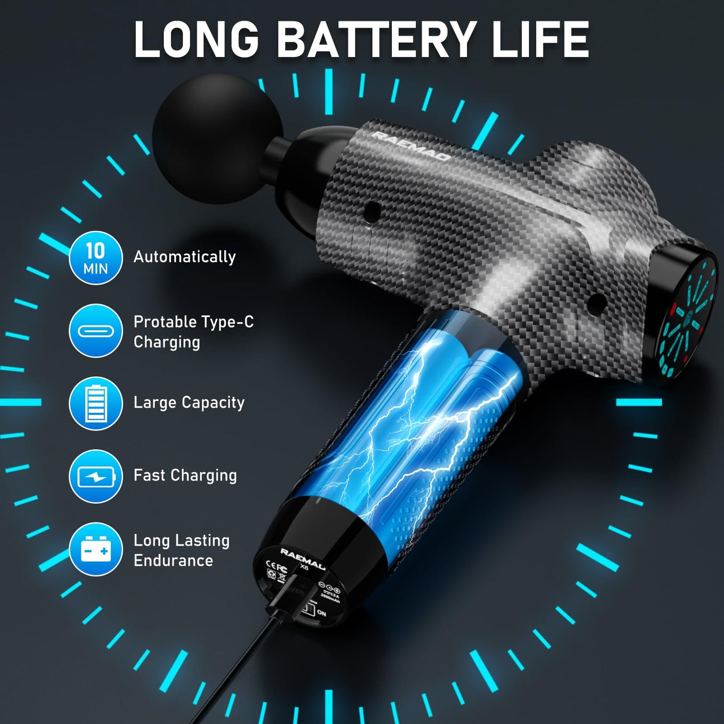 RAEMAO Massage Gun, Handheld Electric Deep Tissue Muscle Massager for Athletes for Pain Relief Attaching 8 Replacement Heads, Percussion Massager with 10 Speeds, Father's Day Gifts, Carbon