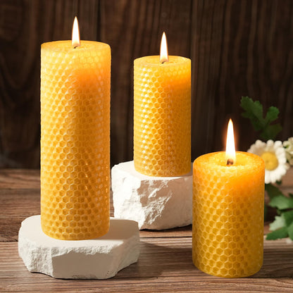 Pure Beeswax Pillar Candles,3 Pack Hand-Rolled Natural Beeswax Candles(1.77x3in,2x4in,2x6in) 60 Hours Burning Unscented Bees Wax Candle for Home,Smokeless&Dripless Pillar Candle for Meditation,Wedding