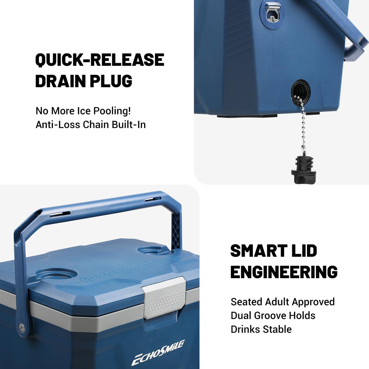 EchoSmile 20 Quart Insulated Cooler, Outdoor Portable Hard Cooler Ice Chest Box w/ 2 Cup Holders, Drain Plug, Bottle Opener, 3-Day Ice Retention for Camping, Beach, and Picnic,Navy