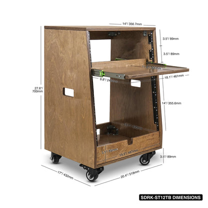Sound Town DIY Slanted 12U Studio Rack (4U Top + 8U Lower), with 2U Bottom Storage, Slide-Out Tray, Caster, Plywood, Weathered Brown for Recording Room, Home Studio (SDRK-ST12TB)