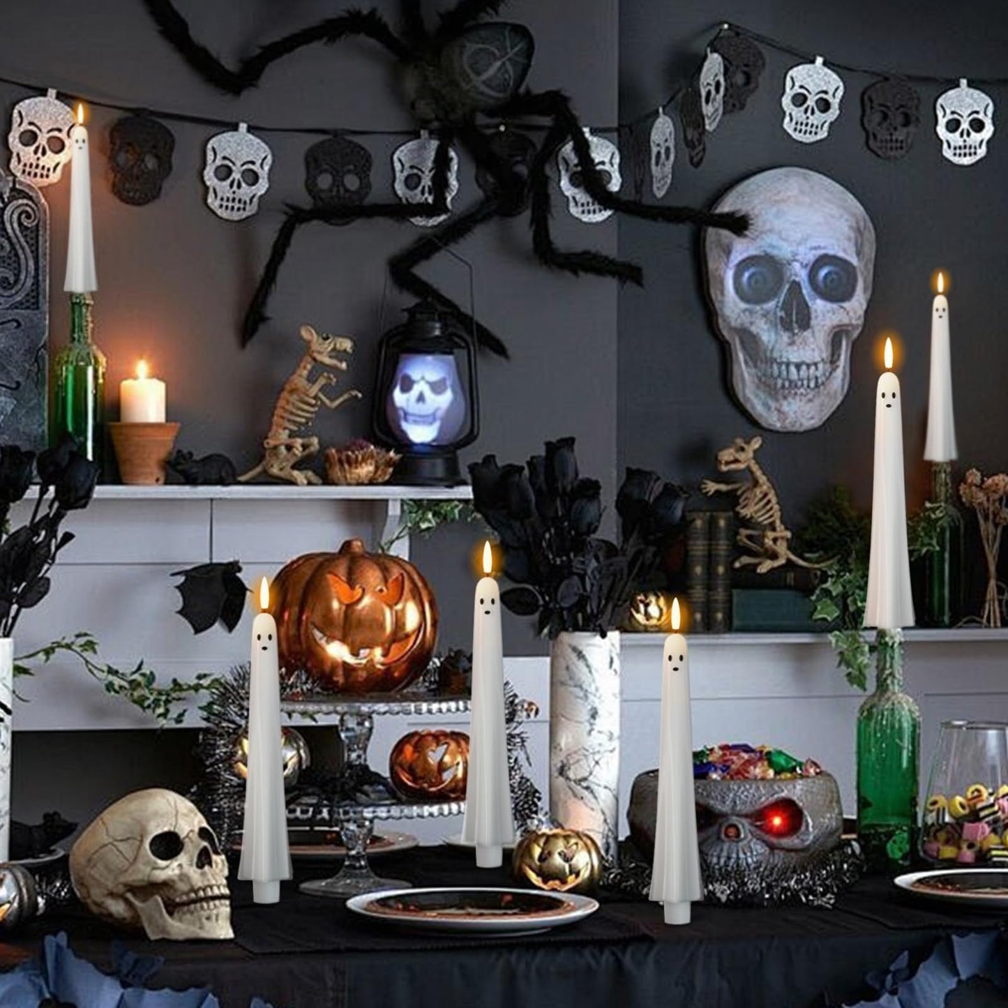 Wondise Halloween Flameless Taper Candles with Remote & Timer, Spooky Ghost Battery Operated Real Wax 3D Wick Flickering Halloween Candles for Halloween Decorations Indoor Gift