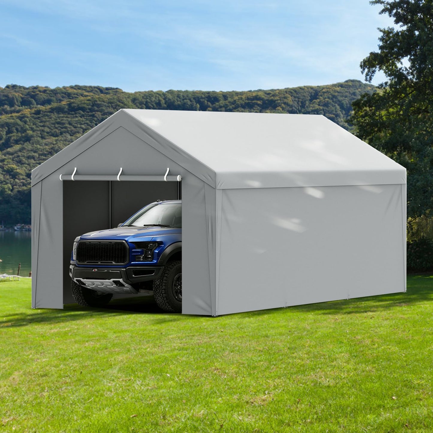 VEVOR Carport Replacement Canopy Cover Top + Side Wall 12 x 20 ft, Garage Tent Shelter Tarp Heavy-Duty Waterproof & UV Protected, Easy Installation with Ball Bungees,Grey (Frame Not Included)