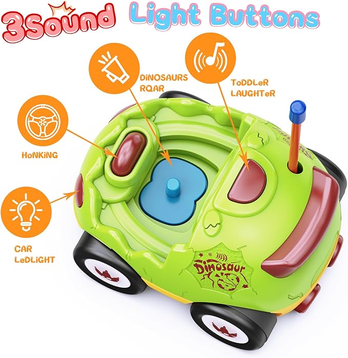 2 Pack Dinosaur Toys Remote Control Cars for Toddlers Ages 2 3 4 5 Christmas Birthday Gifts for 2-5 Year Old Boys Dinosaur RC Car Toys with Music and Lights (Green Blue)