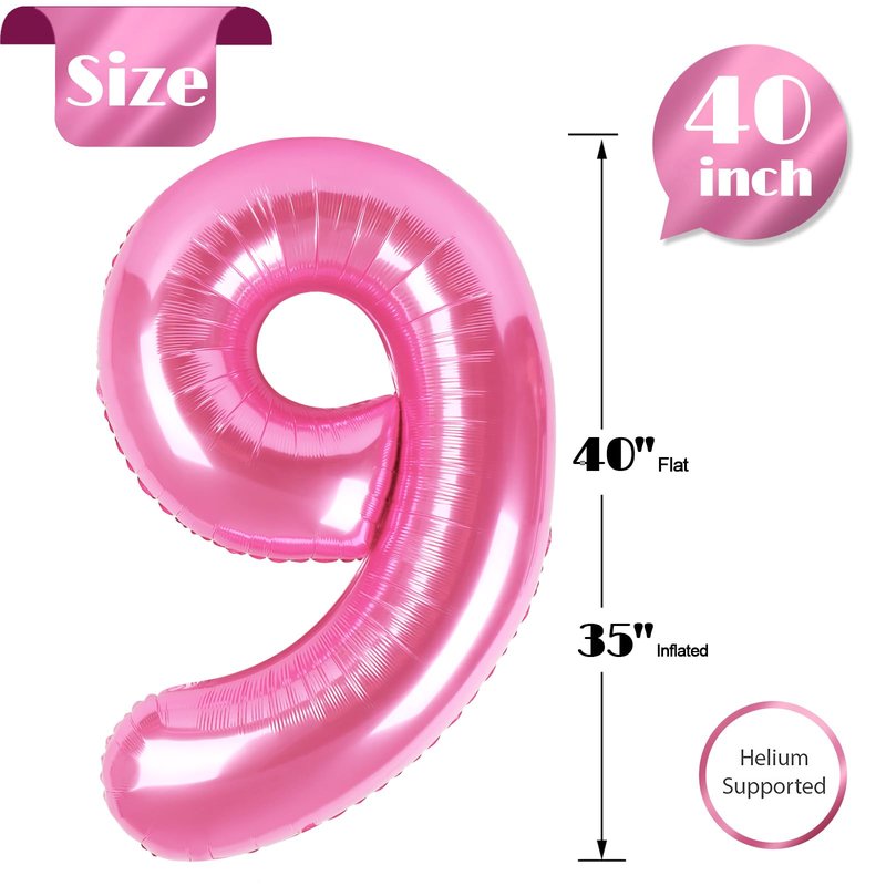 Pink 9 Balloon, Number Balloons 40 Inch, 9th Giant Birthday Decorations for Girls, 19th 29th Party Decorations Supplies, Number 9 Balloon