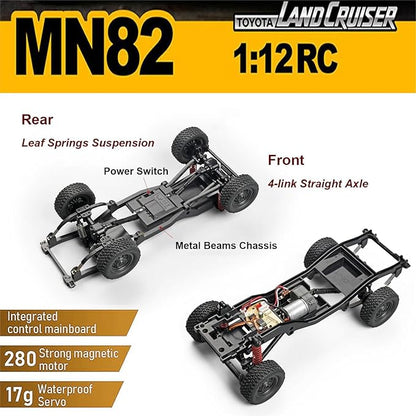 RC Crawler Remote Control Rock Crawler RC Truck 4x4 1/12 Scale Toyota Land Cruiser Off Road Pickup Proportional Steering 2 Speed RTR All Terrain 280 Motor 2 Batteries Hobby Car Adult MN82