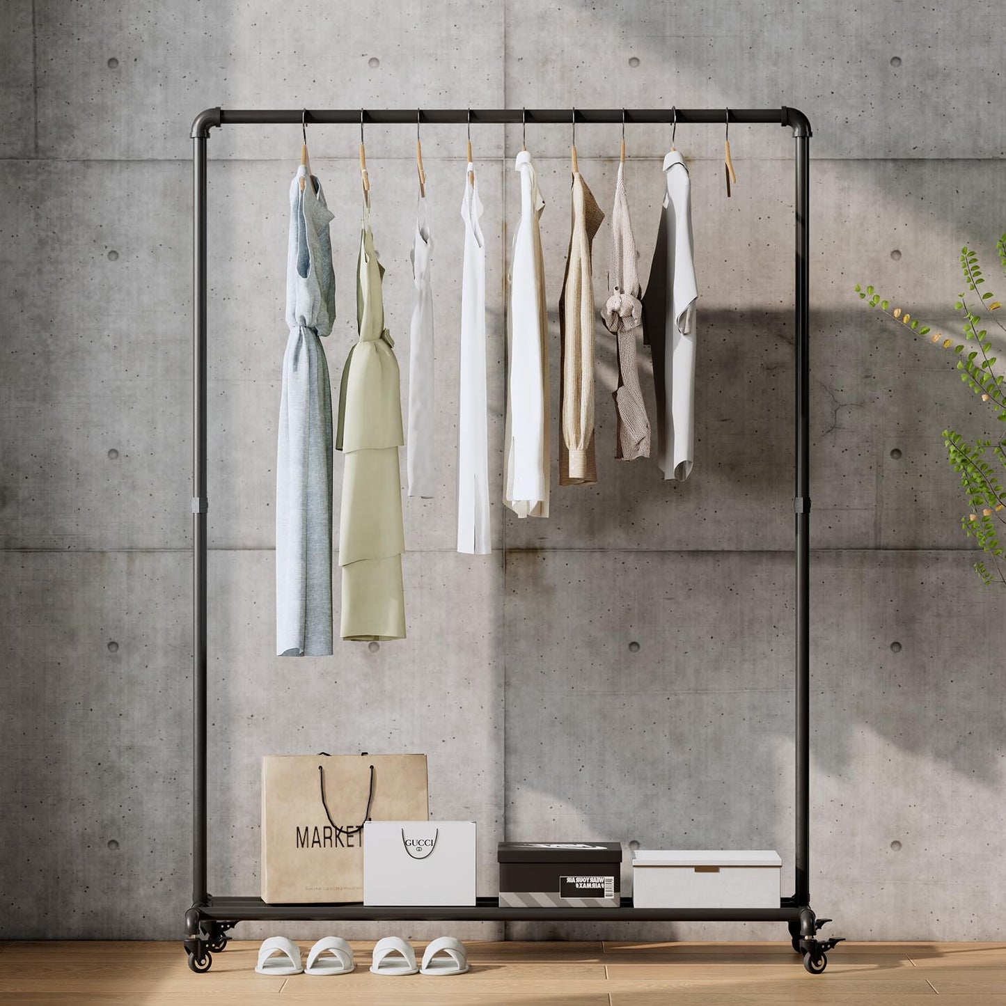 BUZUEY Industrial Pipe Clothing Rack with Wheels,Rolling Garment Rack with Bottom Shelf, Sturdy Metal Clothes Rack for Hanging Clothes Heavy Duty,Black Mobile Wardrobe Rack for Bedroom & Boutique