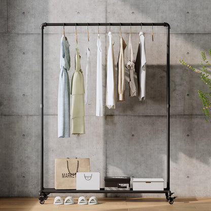 BUZUEY Industrial Pipe Clothing Rack with Wheels,Rolling Garment Rack with Bottom Shelf, Sturdy Metal Clothes Rack for Hanging Clothes Heavy Duty,Black Mobile Wardrobe Rack for Bedroom & Boutique