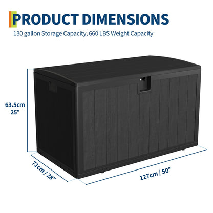 IDEALHOUSE 130 Gallon Resin Deck Box, Waterproof Outdoor Storage Box with Lockable Lid & UV Resistant, Patio Furniture Cushion Storage Container for Garden, Backyard, Poolside (Black)