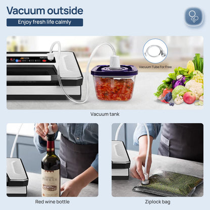 Vakumar Vacuum Sealer Machine, 90Kpa Liquid Food Vacuum Sealer Machine Preservation Dry/Moist/Liquid Modes, LED Indicator Light, Handle Locked Design, Built-in Cutter and Bag Storage, Starter Kit