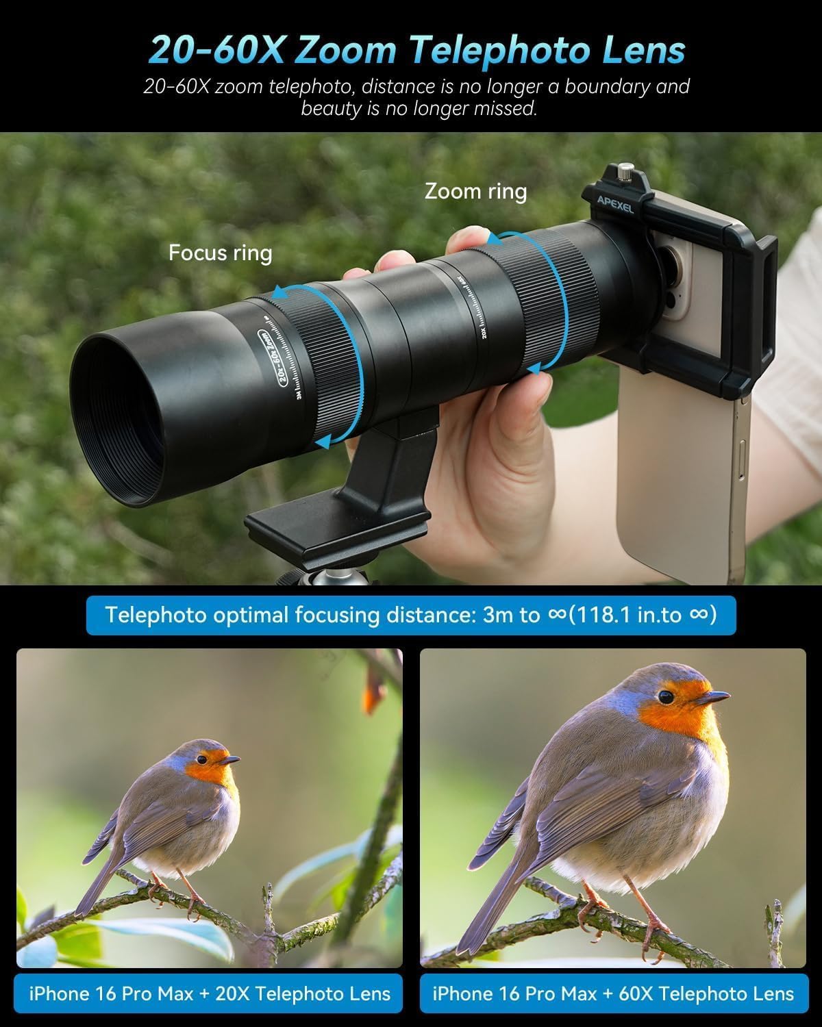 20-60X Zoom Telephoto Lens, Evil Eye High Power HD Telephoto Phone Lens with Tripod and Universal Phone Clip for iPhone 16/15/14/13 Series, Samsung, Android Phone and Most Smartphone