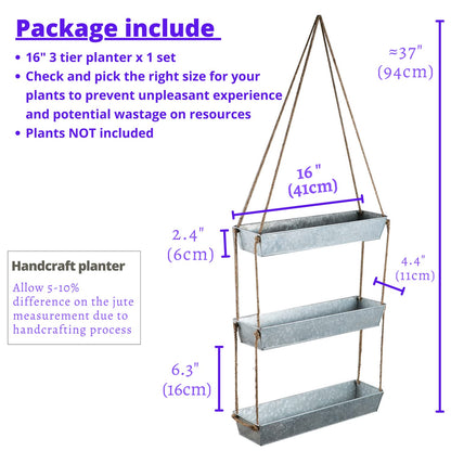 LaLaGreen Wall Hanging Planter - 16 Inch Indoor Wall Planters, 3 Tier Succulent Planters, Metal Silver Window Herb Garden Rectangle Hanging Vertical Plant Pot