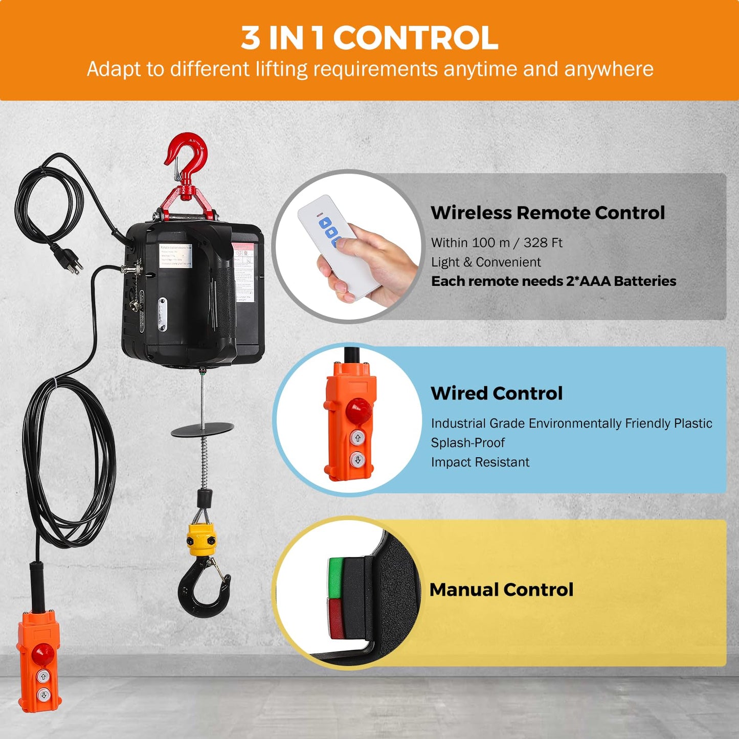 BEAMNOVA 1543lbs Portable 3-in-1 Electric Hoist Wireless Remote Control 110V 120 Volts 700kg Winch Crane Machine Hook Pulley System with Gloves