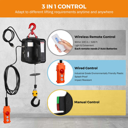 BEAMNOVA 1543lbs Portable 3-in-1 Electric Hoist Wireless Remote Control 110V 120 Volts 700kg Winch Crane Machine Hook Pulley System with Gloves