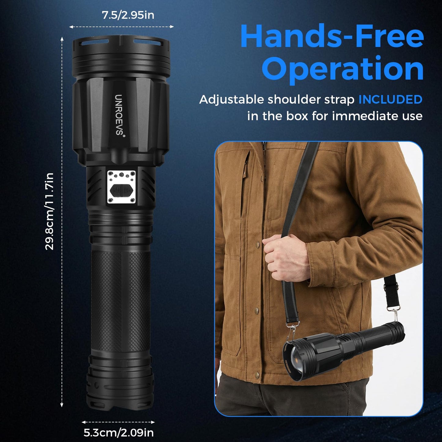 Brightest Flashlight 35000 Lumens, Most Powerful Flashlight with 28000mAh Battery, Super Bright Tactical Flash Light with Adjustable Zoom, USB Outpot, Shoulder Strap for Outdoor, Camping, Emergency