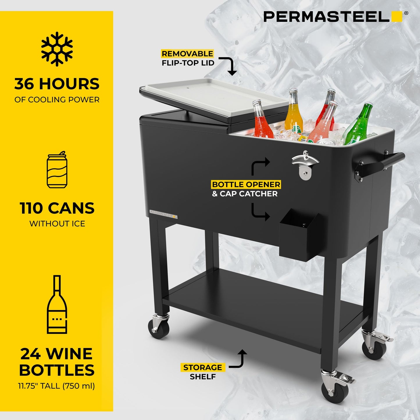 Permasteel Party Cooler with Divider, Removable Basin, Spacious 80-Qt Capacity, Chills 36hrs, Serving Tray, Rolling Ice Chest for Indoor & Outdoor, Matte Black