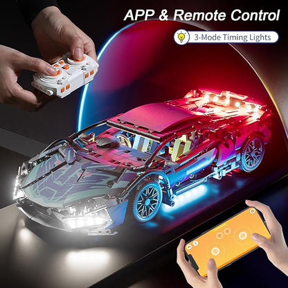 Sport Car Building Block Sets for Adults Technical Remote Control APP Race Car with LED LightsCollectible 1:14 Model Scale Engineering Toy Men Teens Boys Birthday Gift Age 8+ 8-12 12 13 14