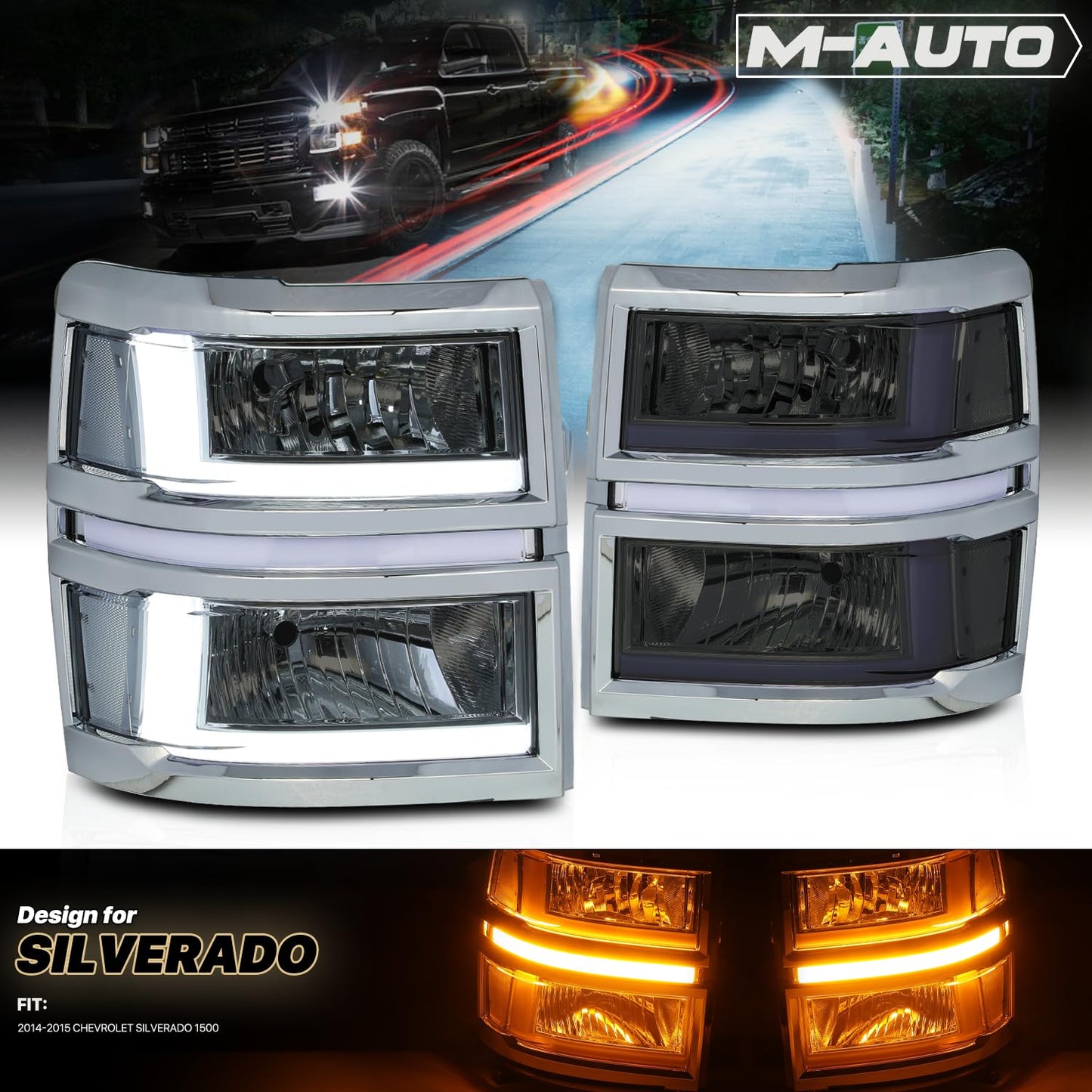 M-AUTO OE Style LED Light Bar DRL Headlamps Assembly Compatible with 14-15 Chevy Silverado 1500, Chrome Housing Smoke Lens Clear Corner Left and Right Pair Headlamps Assembly