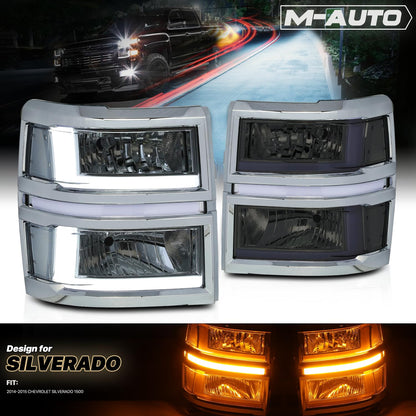 M-AUTO OE Style LED Light Bar DRL Headlamps Assembly Compatible with 14-15 Chevy Silverado 1500, Chrome Housing Smoke Lens Clear Corner Left and Right Pair Headlamps Assembly