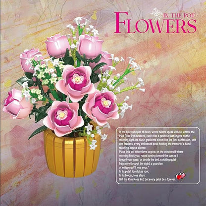 39151 Eternal Pink Rose Building Blocks Flower Set 1056 Pieces of Floral and Plant Series Block Sets Adult Creative Enthusiast Model Gifts and Collectibles Can be Used for Room Decoration