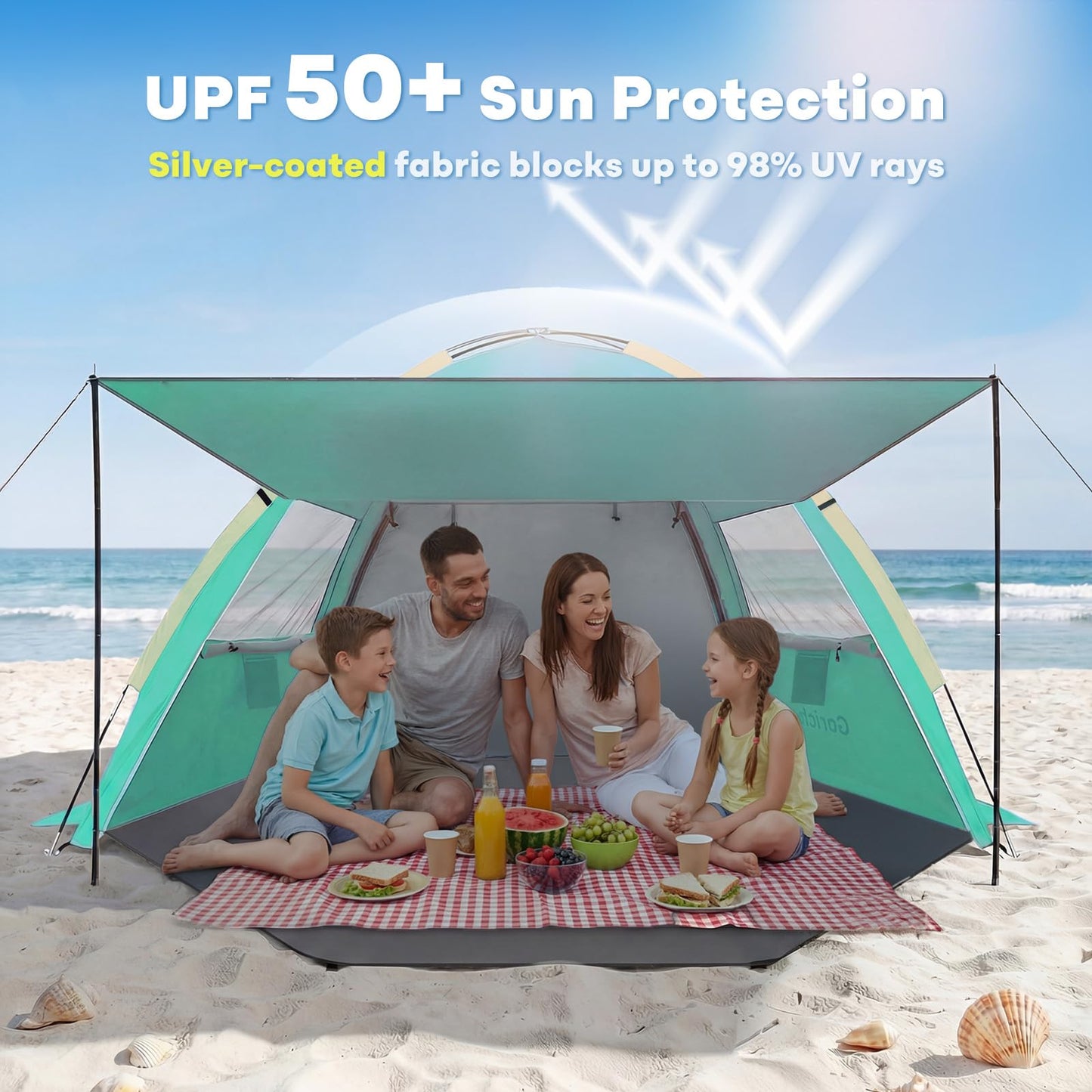 Gorich Beach Tent Sun Shelter with Canopy, Easy Setup UPF50+ UV Protection Sun Shade for 3-4/5-6/7-8 Person, Lightweight & Compact Beach Umbrella for Family Travel