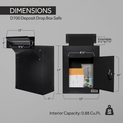 Durabox Through-The-Wall Drop Box Deposit Safe 17 x 13 x 7 - Heavy Duty Steel Mailbox with Lock for Receiving Mail, Checks, Letters, Cash and More for Home, Office and Commercial Use (D700) (Black)