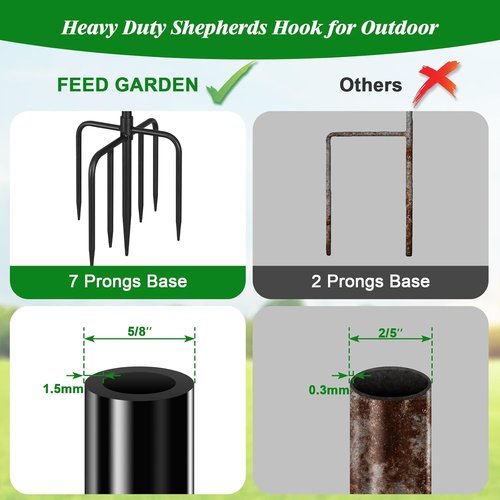 Feed Garden 76'' Heavy Duty Bird Feeder Pole - Adjustable Shepherds Hook with 7-Prong Base for Outdoor Use