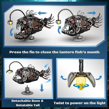 Mechanical Angler Fish Building Block Set - STEM Toys for Boys &amp Girls 8-14+ Deep Sea Ocean Creature Kit Home/Office Decor with Light Great Gift for Kids &amp Adults(1038+Pieces)