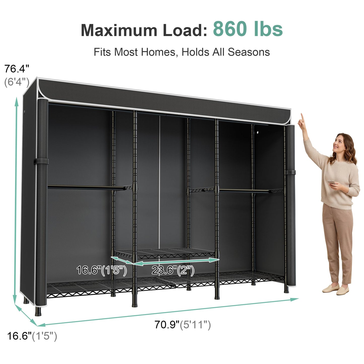 SEMHOR K01C Heavy Duty Clothes Rack with Cover, Freestanding Portable Closet System with Shelves, Adjustable Carbon Steel Garment Rack, Black Clothing Racks for Hanging Clothes, 860LBS Max Load