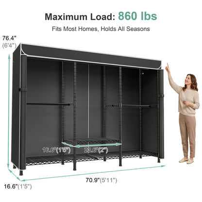 SEMHOR K01C Heavy Duty Clothes Rack with Cover, Freestanding Portable Closet System with Shelves, Adjustable Carbon Steel Garment Rack, Black Clothing Racks for Hanging Clothes, 860LBS Max Load