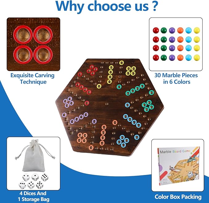 Large Size 20 inches Wood Wahoo Marble Board Game 2 Sided Game 4-6 Player for Friends and Family Party Classic Wahoo Style Strategy Racing Game with 6 Dices30 Marbles (Rustic Brown)