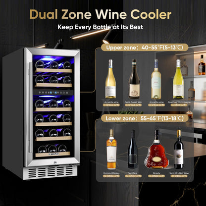 15 Inch Wine Cooler Under Counter, 30 Bottle Dual Zone Wine Fridge with Stainless Steel Glass Door, Built-In or Freestanding Wine Cellar with Digital Temperature Control for Home, Kitchen, or Office
