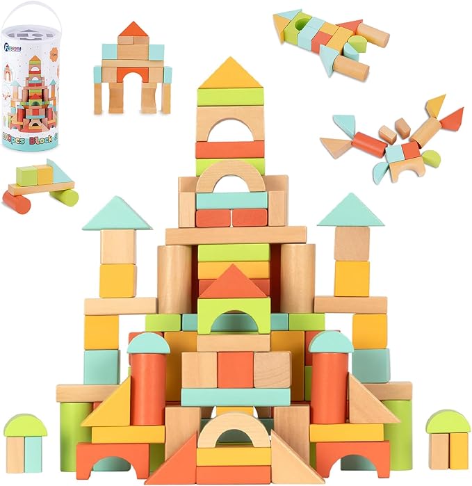 FCSONU Wooden Building Blocks for Toddlers 1-3 100 Pcs Wood Blocks Set - Sorting &amp Stacking Toys with Storage and Lid Kid Montessori Toys Ages 2+ Christmas 1st Birthday Gifts for Boys Girls Bab