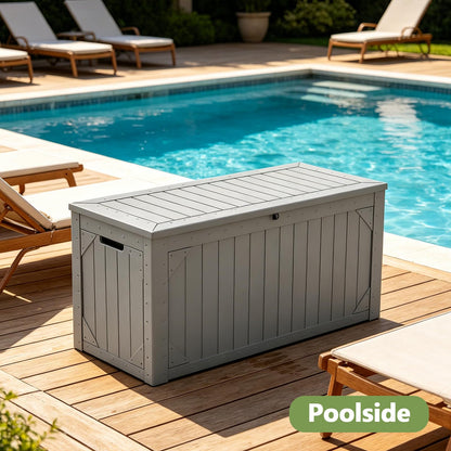 MAKE CHANGES Outdoor Storage Box, 95 Gallon Deck Box Outdoor Storage Bench, Outside Waterproof Resin Storage Bench, Lockable Patio Cushions, Garden Tools Storage for Furniture, UV Resistant (Gray)
