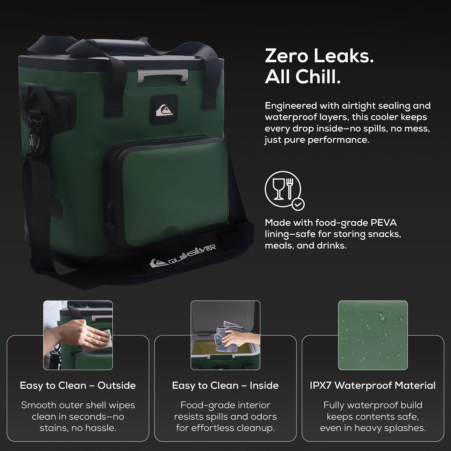 Quiksilver Zipperless Box Cooler 20L, Holds 24 Cans, 48 Hour Insulation, Leakproof & Waterproof Design, Heavy Duty TPU, IPX7, Padded Straps, Kangaroo Pockets, Bottle Opener (Trekking Green)
